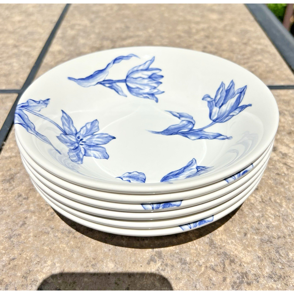 Royal Stafford Tulip Bowls Blue Floral Soup Cereal Earthenware Set of 6 England - Picture 3 of 9